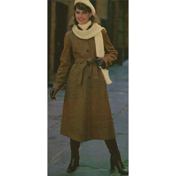 Vintage 1978 Sears Fashions Wool Tweed Long Trench Belted Coat Brown Approx Med